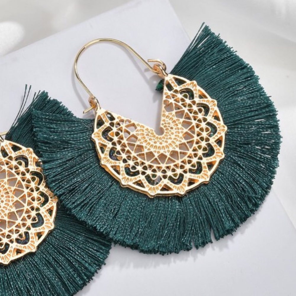 Emerald Green Tassel Fan Boho Gold Earrings